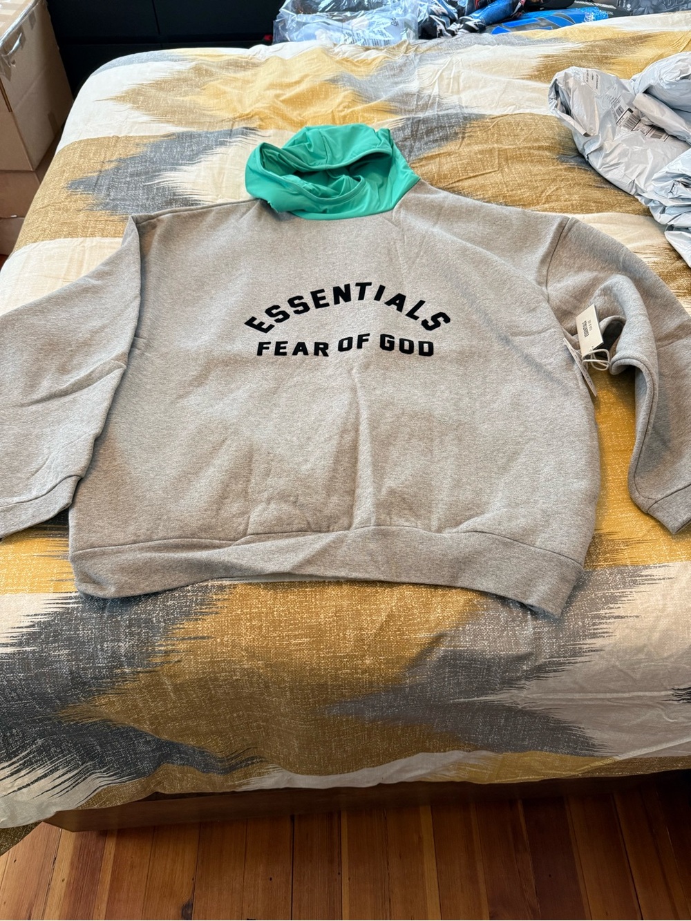 Essentials Fear of God Men's Grey Sweatshirt with Teal Hood Liner